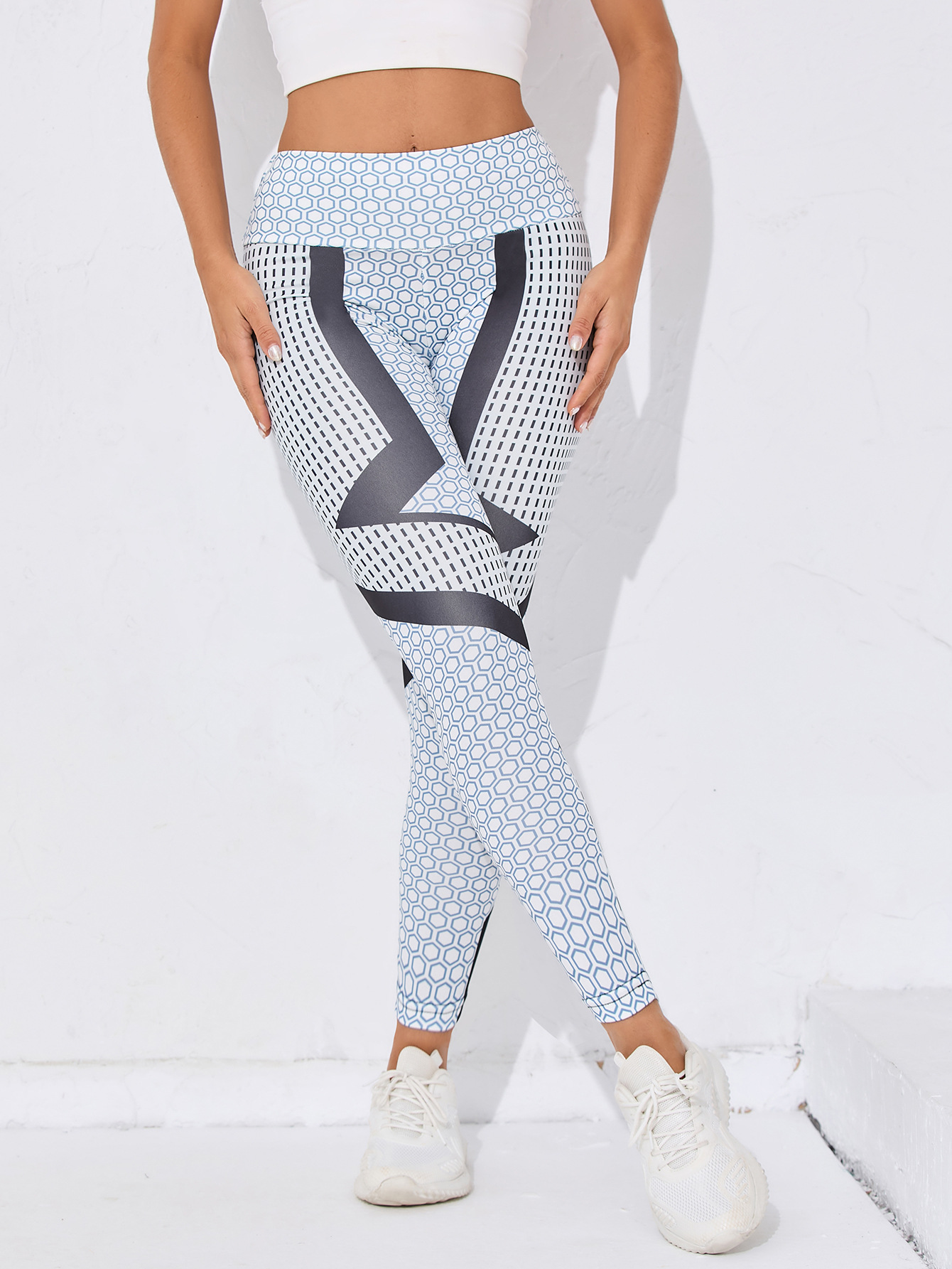 Womens High Waist Geometric Print Workout Leggings with Honeycomb Pattern